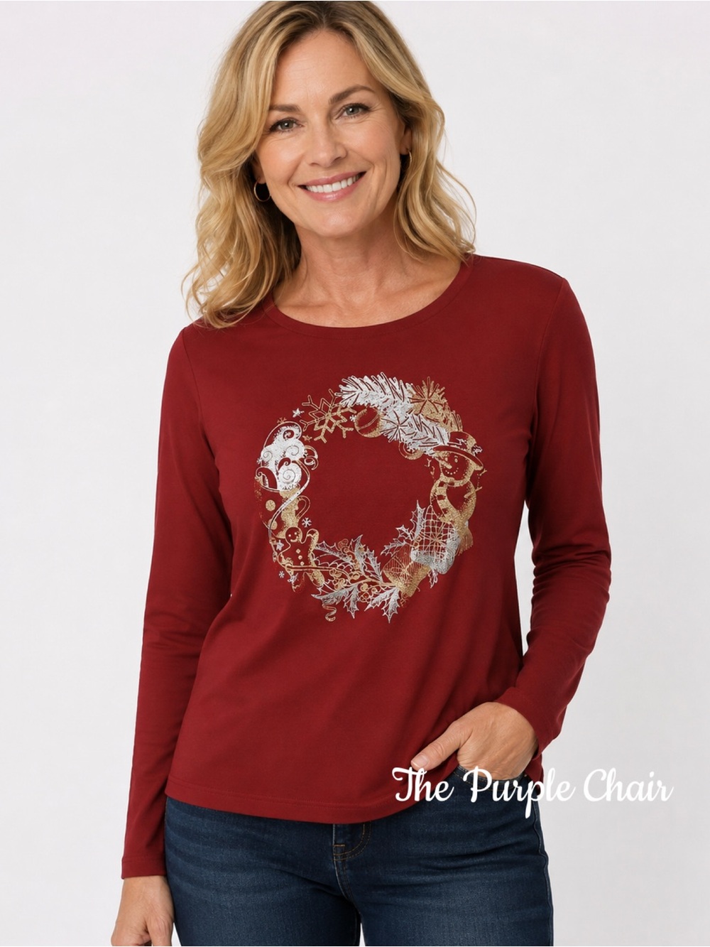 NWT Red Long Sleeve Festive Wreath Tee XL